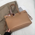 Brown litchi grain tote bag with printed silk scarf handle for women's daily commute - Light Khaki