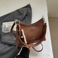 Vintage brown PU leather crescent shoulder bag with wooden bead tassel and dual straps - Brown Small