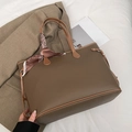 Dark brown large capacity tote bag with lychee grain leather and fashion silk scarf detail - Brown