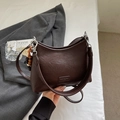 Minimalist dark coffee brown leather shoulder bag with chic wooden bead decoration - Coffee Small