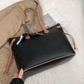 Black pebble leather tote bag with khaki trim and fashion scarf decoration - Black