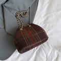 Deep brown and green checkered plaid shoulder bag with gold chain and leather strap - Brown