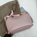 Pink pebbled leather tote bag with brown contrast trim and silk scarf detail - Light Purple