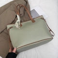 Sage green tote bag with brown handles and a stylish floral scarf accent for women - Green