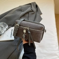 Gray suede rectangular crossbody bag with silver zipper and robot pendant charm - Gray