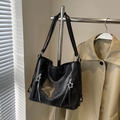 Chic black leather shoulder bag with star zippers and embossed logo detail - No Pendant / Black