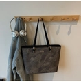 Dark gray marble print tote bag with black long handles and golden metal accents - Black without Pendant