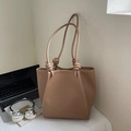 Minimalist warm camel leather tote bag with unique knotted shoulder straps for office use - Khaki No Pendant