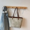 Chic light sage tote bag with marble pattern, long brown straps and golden metal detail - Khaki Brown