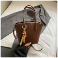 Brown woven texture bucket bag with wooden bead pendant and elegant shoulder strap - Coffee with Pendant