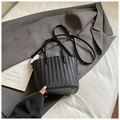 Black woven bucket bag with herringbone texture and detachable strap for women - Black without Pendant