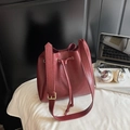 Retro burgundy leather bucket bag with drawstring closure and wide adjustable strap - Wine Red Without Pendant
