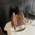 Retro dark brown PU leather bucket bag with wide adjustable strap and drawstring closure - Brown No Pendant