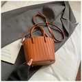 Brown woven bucket bag with chevron pattern, top handle and adjustable shoulder strap - Brown No Pendant