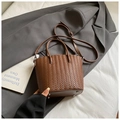 Brown woven texture bucket bag with adjustable shoulder strap and top handles - Brown No Pendant