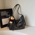 Large black hobo tote bag in soft leather with a plush bear pendant and dual straps - Black with Pendant