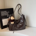 Dark brown large capacity tote bag in vintage PU leather with a cute bear charm - Coffee with Pendant