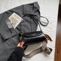 Minimalist black patent leather crossbody bag with vintage wooden beads and wide strap - With Charm / Black