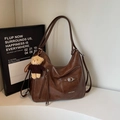 Dark brown retro hobo bag in synthetic leather with cute bear plush charm and front pocket - Brown with Pendant