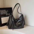 Large capacity dark grey faux leather hobo bag with front buckle pocket and zips - Black without Pendant