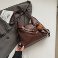 Retro dark brown PU leather hobo bag with teddy charm and striped ribbon detail - With Charm / Brown