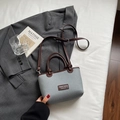 Chic grey canvas bucket bag with deep brown leather handles and a detachable strap - No Pendant / Blue