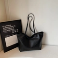 Grande borsa tote nera minimalista in pelle PU con tracolle lunghe per uso quotidiano - Nero