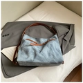 Retro light blue canvas tote bag with brown leather handles in urban style - Blue Without Charm