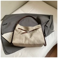Retro large capacity tote bag in beige-grey suede with dark brown straps for daily commute - Grey Without Pendant