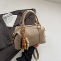 Beige Boston bag in matte leather with colorful beaded charm and embossed logo - Beige Grey