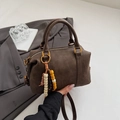 Minimalist coffee brown Boston bag with wooden beads and versatile shoulder strap - Brown