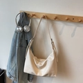 Large beige soft faux leather hobo tote bag with adjustable strap and zip closure - White Without Pendant