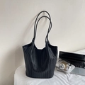 Minimalist black woven leather tote bag with shoulder straps for daily office commute - Black without Pendant