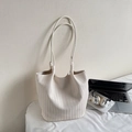 Cream white woven tote bag with herringbone pattern and long leather-style shoulder straps - Off-white Without Pendant