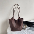 Dark brown woven tote bag with herringbone texture and long handles for daily commuting - Coffee No Charm