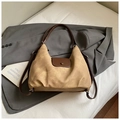 Minimalist khaki pleated tote bag with dark brown leather flap and strap on grey suit - No Pendant / Brown No Pendant