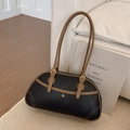 Sac bandoulière tissé de style vintage avec garniture cuir marron et boucles dorées - Noir