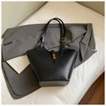 Stylish black woven tote bag with gold buckle and adjustable straps for daily commute - No Pendant / Black