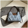 Retro pleated tote bag in grayish blue marble texture with brown leather accents - No Pendant / Blue Without Charm