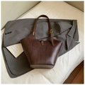 Deep brown oversized woven tote bag with adjustable golden buckle and V-shaped texture - No Pendant / Coffee