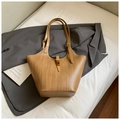 Light brown woven leather tote bag with thin straps and metal buckles for fall - No Pendant / Khaki