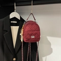 Chic burgundy quilted backpack with chain strap and vintage beaded charm for women - Wine Red (With Pendant)
