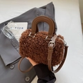 Brown fuzzy lamb wool mini Boston bag with synthetic leather handles and silver hardware - Brown