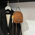 Deep brown quilted chain mini backpack in soft matte finish with stylish beaded pendant decor - Chocolate Coffee (With Pendant)