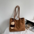 Detail einer braunen gesteppten Tragetasche mit Wildlederoptik und Teddybärenanhänger - Braun mit Anhänger
