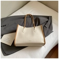 Chic cream white and brown trimmed tote bag with litchi grain leather texture - Horizontal Cream White Without Pendant