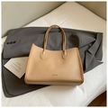 Minimalist khaki tote bag in pebble grain faux leather with shoulder straps for women - Horizontal Brown Without Pendant