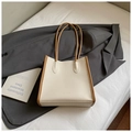 Minimalist beige tote bag with brown straps and MEISA embossed logo for daily commuting - Vertical Cream White Without Pendant