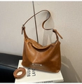 Brown oil wax leather tote bag with adjustable shoulder strap and metal brand plate - Brown No Pendant