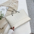 Elegant cream quilted tote bag with silver chain straps for women commuting - Beige
